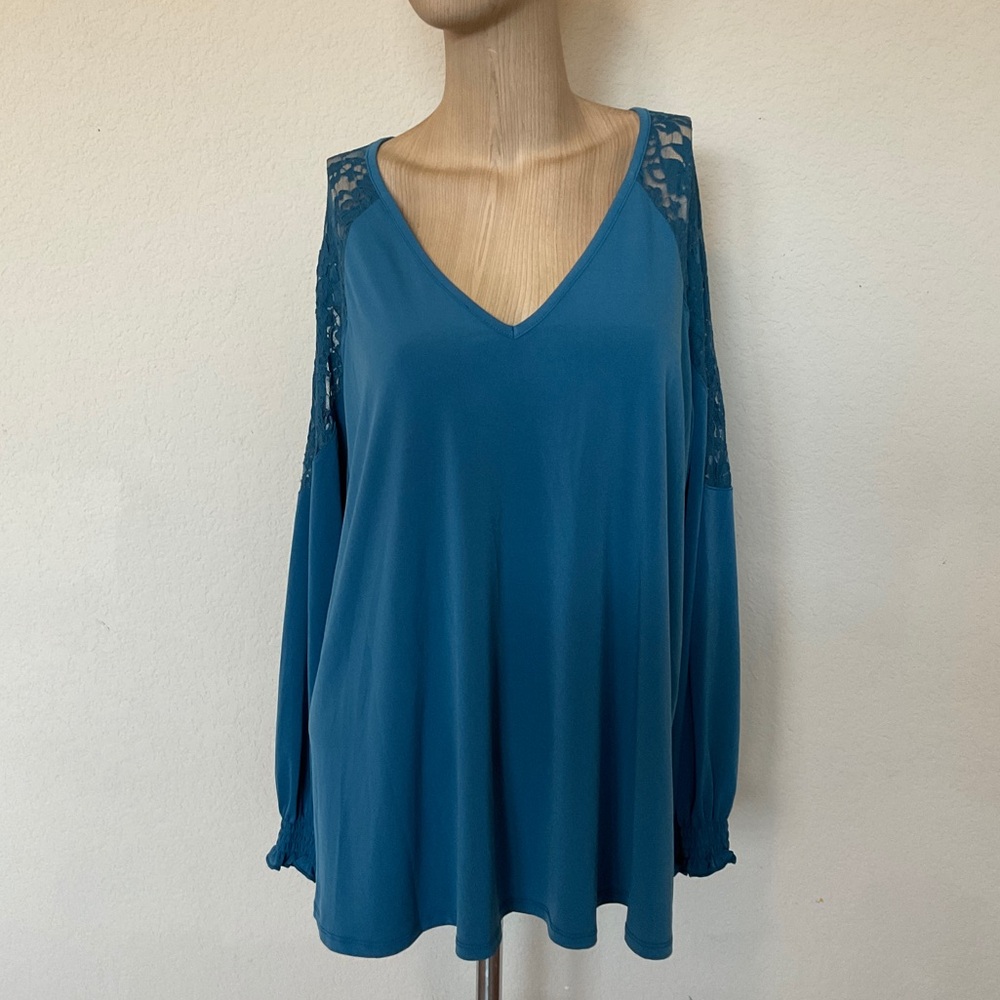 Torrid NWT Studio Knit Lace Shoulder Top Long Sleeve Midnight Teal 0 / L / 12 - Picture 5 of 16
